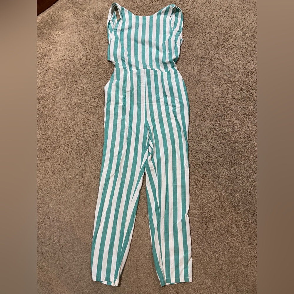 Marine Layer Eloise Green Lake/White Striped Wrap Belted Summer Jumpsuit Size S